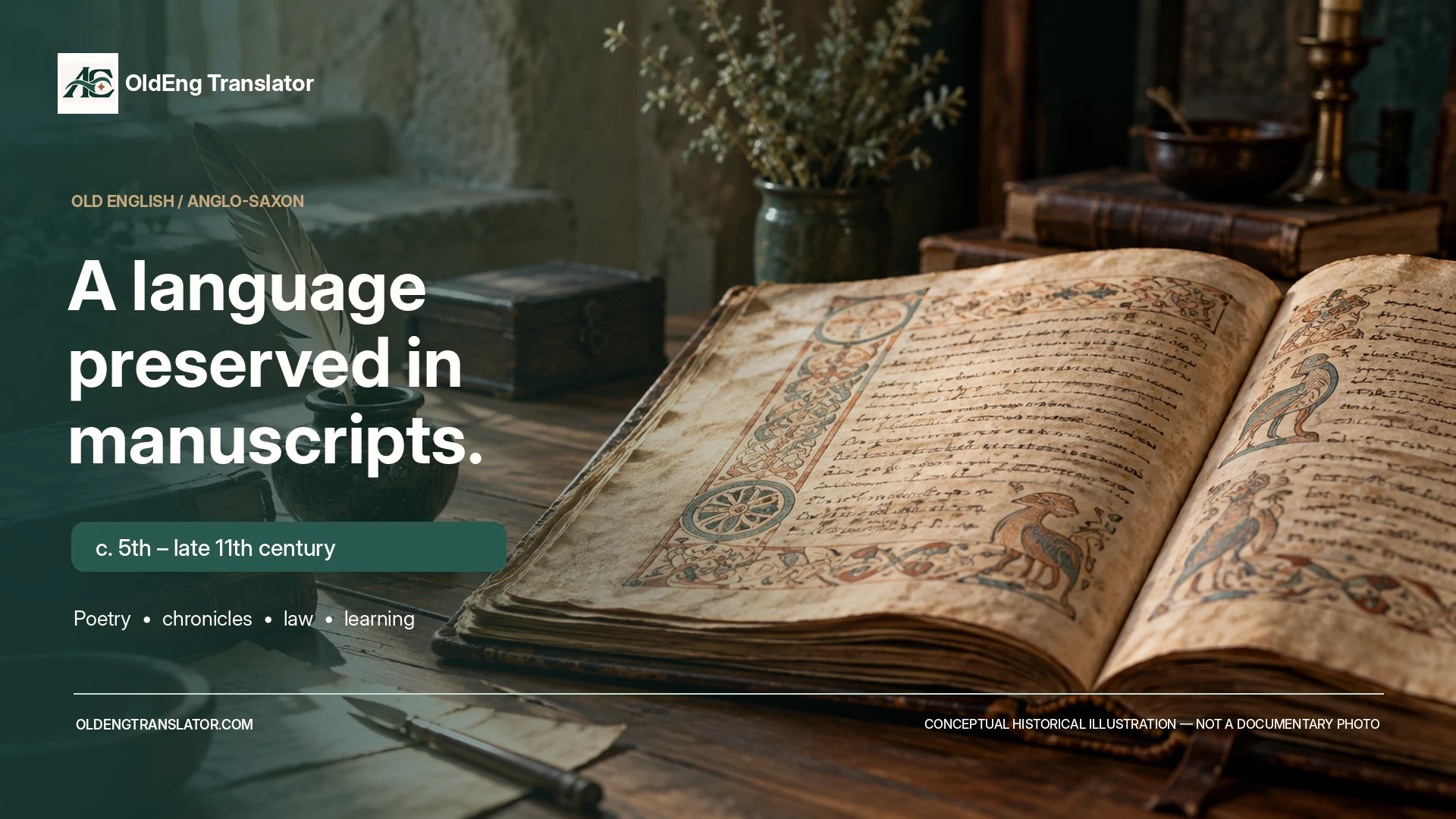 Anglo-Saxon manuscript and writing table reflecting historical Old English