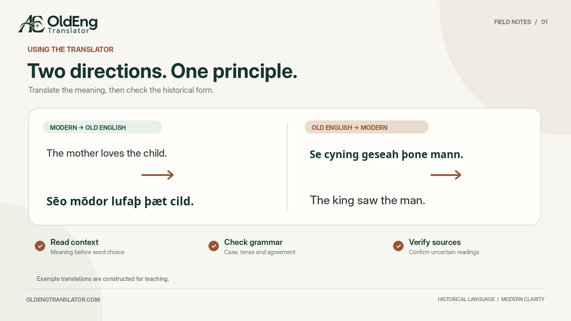 Two translation directions with context, grammar and historical-source checks